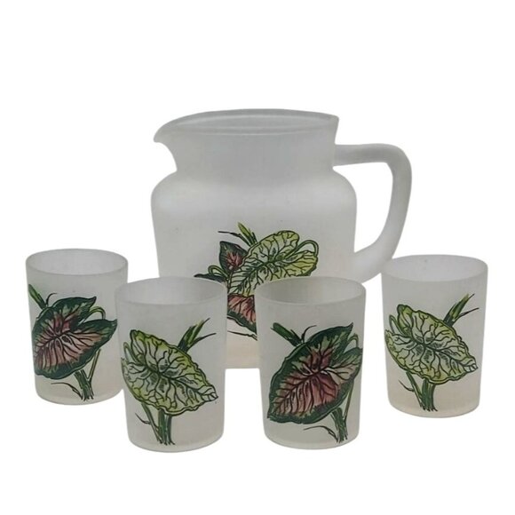 Vintage Mid-Century Caladium Frosted Glass Juice Pitcher & Four Cups 5-Piece Set - Picture 1 of 13